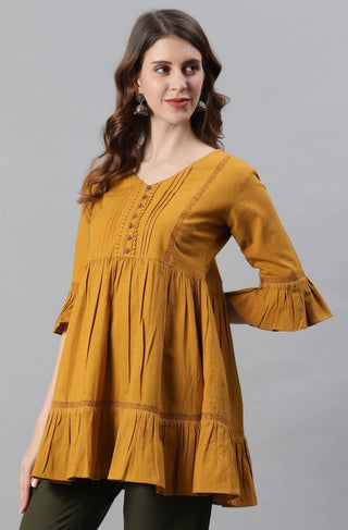 Yellow Cotton Flex Embellished A Line Top