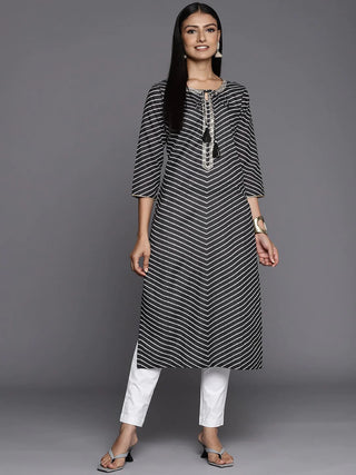 Black & White Cotton Striped & Zari Detailing Straight Cut Kurta