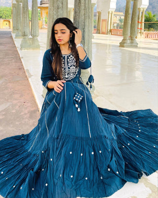 Cotton Blue Embroidered & Mirror Embellished Gown - Ria Fashions