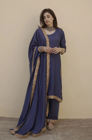 Blue Muslin Gold Lace Detailing Suit Set with Dupatta