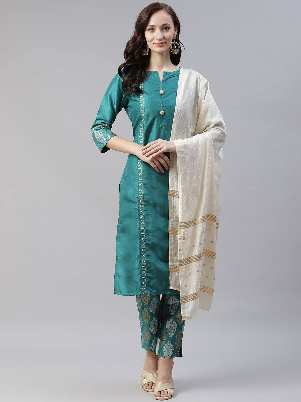 Green Printed Kurta Pant Suit Set with Dupatta Ria Fashions