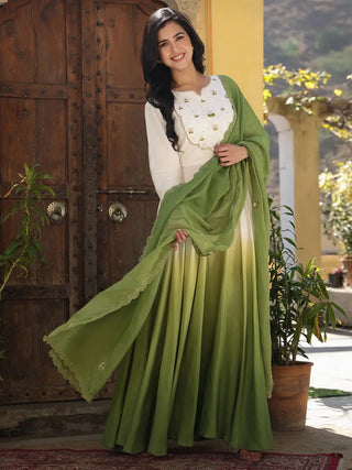 Green White & Ombre Viscose Muslin Embroidered Gown with Organza Dupatta