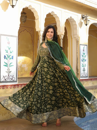 Green Muslin Kota Printed & Hand Embroidered Gown with Organza Dupatta