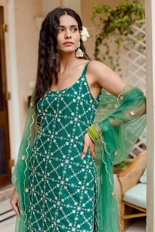 Dark Green Georgette Fully Embroidered Sharara Set with Organza Dupatta