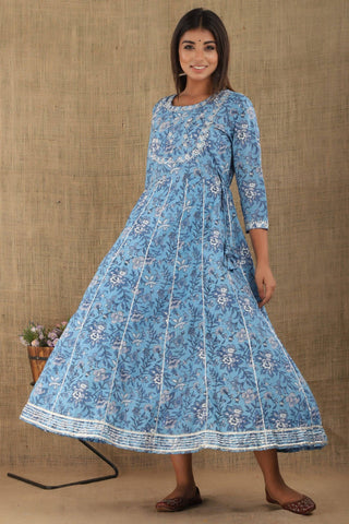 Cotton Light Blue Embroidery & Mirror Detailing Gown - Ria Fashions