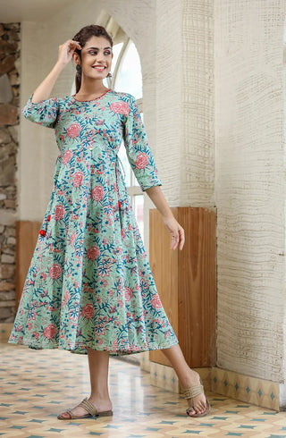 Cotton Light Green Flared Floral Print Ethnic Dress