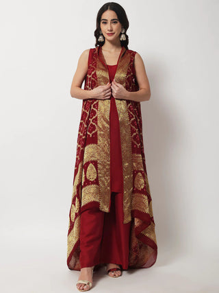 Maroon Silk Solid Co-rd Set with Georgette Banarasi Cape