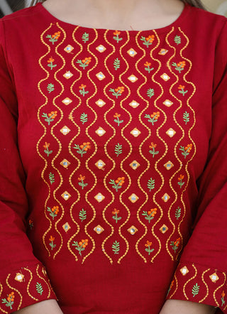 Cotton Maroon Embroidered Kurta Pant Set
