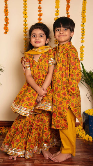 Cotton Yellow Floral Print Sharara Set with Dupatta