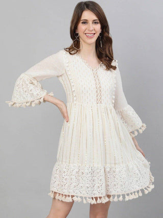 Off White Cotton Flared Dress - Ria Fashions