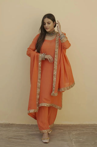 Orange Muslin Lace Detailing Suit Set with Dupatta