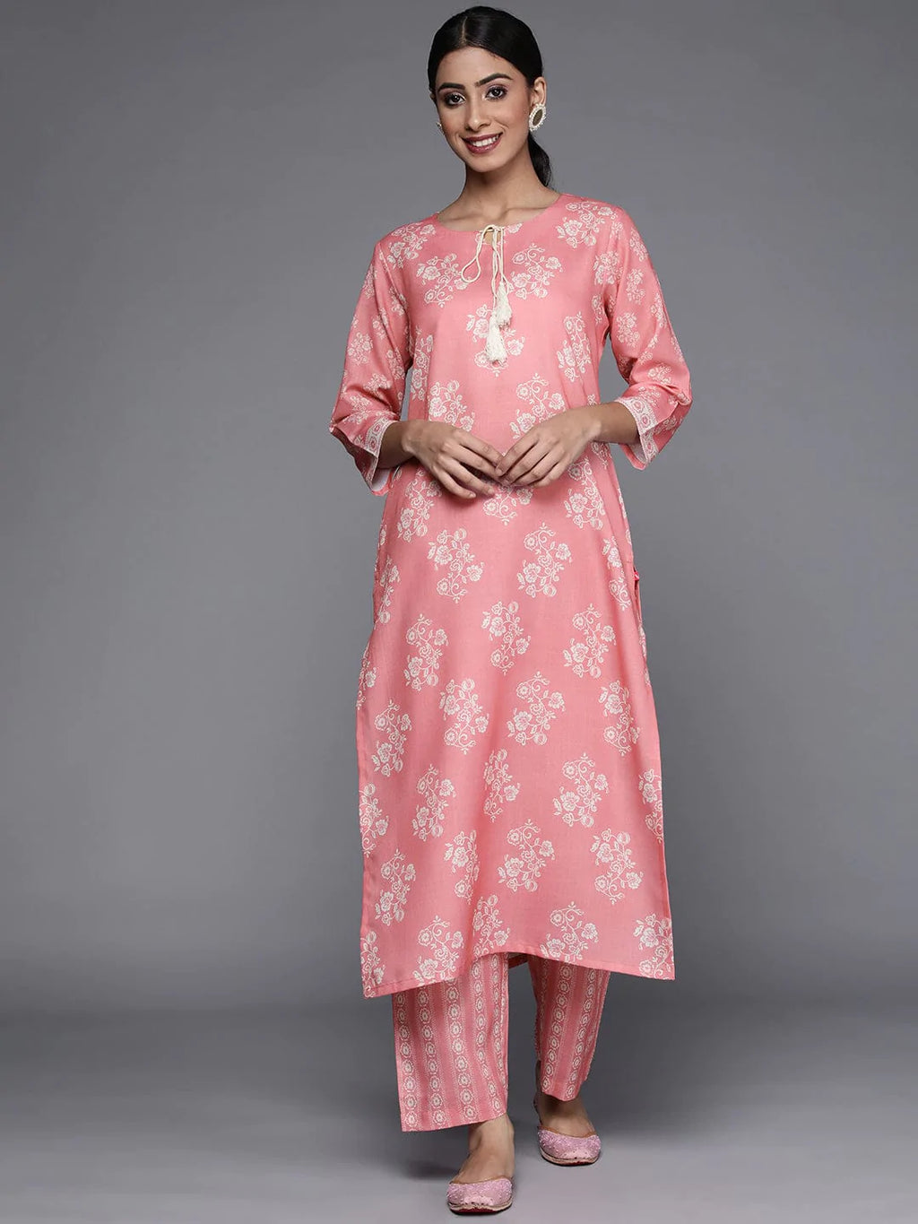 Lavender Printed Pure Cotton Straight Kurta Trouser Set