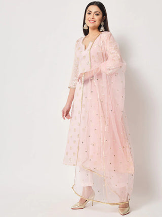Pink Cotton Chanderi Zari Detailing A Line Kurta with Cotton Silk Pant and a Net Dupatta