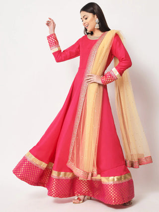 Pink Croma Silk Floor Length Anarkali Style Kurta with Stone & Zari Detailing Net Dupatta