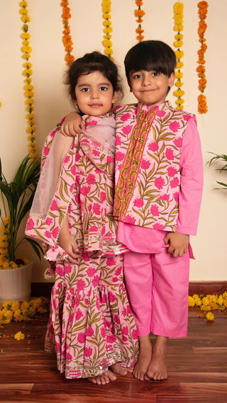 Cotton Solid Pink Kurta Pant Set with Cotton Printed Nehru Jacket
