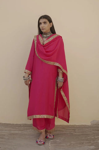 Pink Muslin Gold Lace Detailing Suit Set with Dupatta