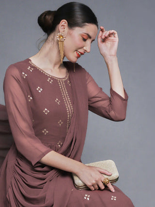 Brown Poly Georgette Embroidered Anarkali Dress