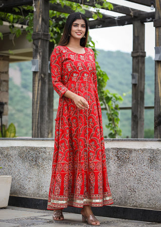 Red Cotton Floral Gold Print Ethnic Gown