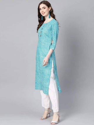 Blue & Off-White Leheriya Dyed Straight Kurta - Ria Fashions