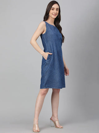 Cotton Denim Blue Solid Straight Cut Dress