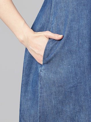 Cotton Denim Blue Solid Straight Cut Dress