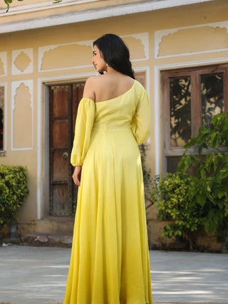 Yellow Viscose Muslin Hand Work Ombre Gown
