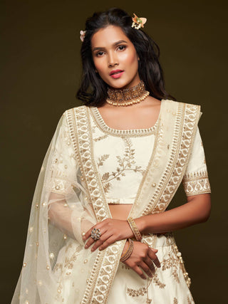 Off White Embroidered Silk Lehenga Choli Set - Ria Fashions
