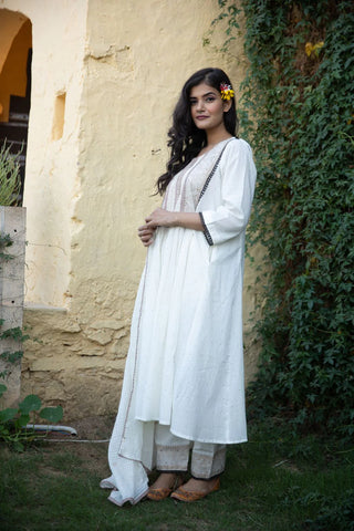 White Cotton A Line Embroidered Suit Set with Doriya Dupatta