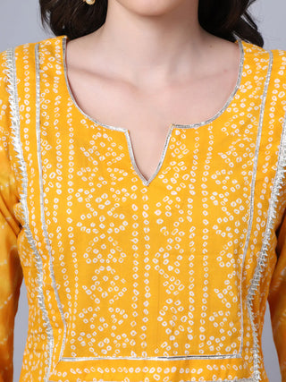 Cotton Yellow Bandhani Print Gota Detailing Kurta Suit Set with Kota Dupatta