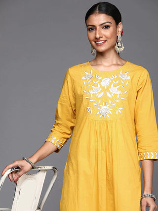 Yellow Cotton Floral Embroidered Straight Cut Kurta