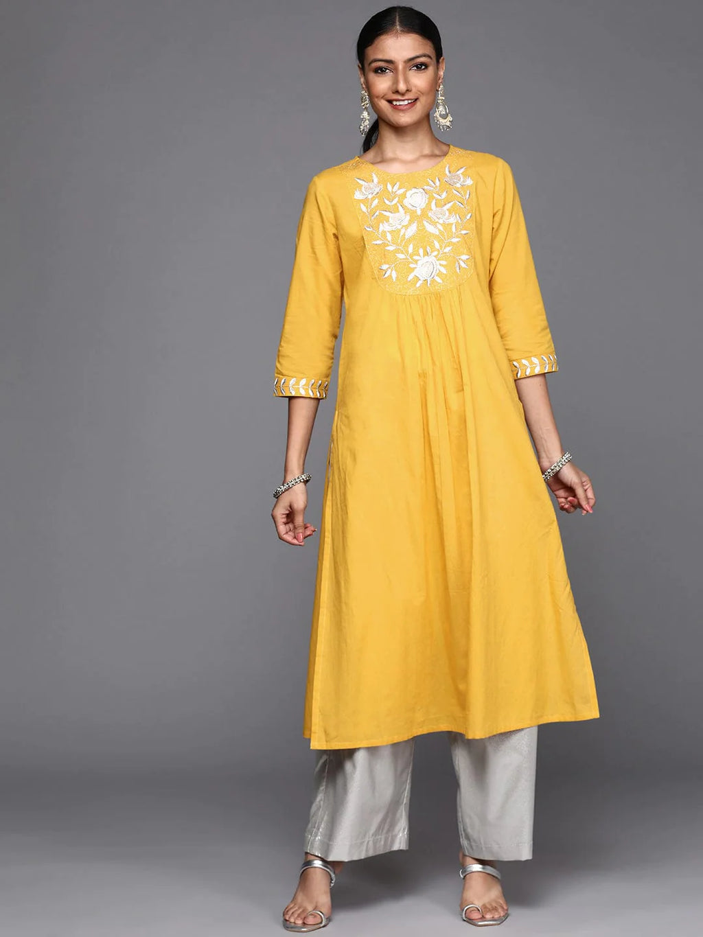 Yellow Cotton Floral Embroidered Straight Cut Kurta 