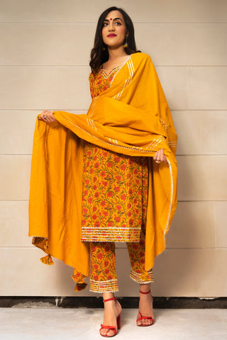 Cotton Yellow Block Print Suit Set - Ria Fashions