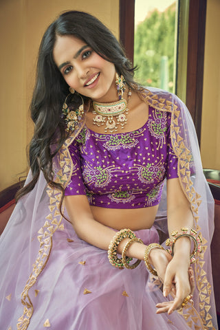 Light Purple Kumkum Silk Blouse Net Thread & Sequins Embroidered with Nylon Net Lehenga & Dupatta