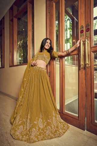 Yellow Faux Georgette Viscose Thread & Sequins Embroidered Lehenga Choli Set with Soft Dupatta