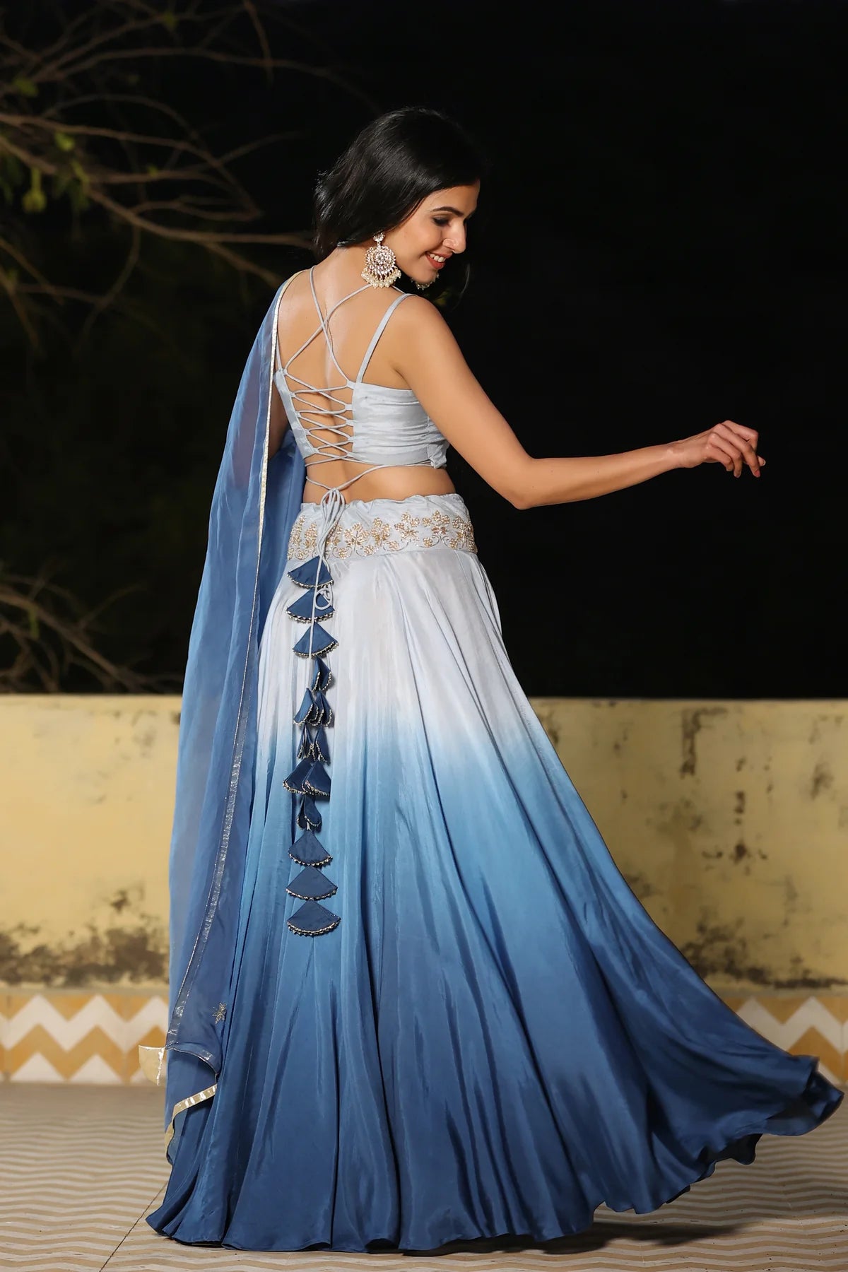 Grey & White Ombre Viscose Muslin Blouse with Blue Embroidered Lehenga Ria Fashions Grey & White Ombre Viscose Muslin Blouse with Blue Embroidered Lehenga Ria Fashions