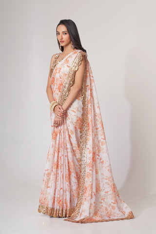 White Organza Floral Print Saree with Blouse