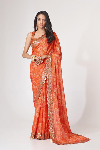 Orange Organza Floral Print Saree with Blouse 