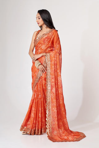 Orange Organza Floral Print Saree with Blouse 