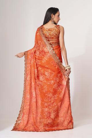 Orange Organza Floral Print Saree with Blouse 