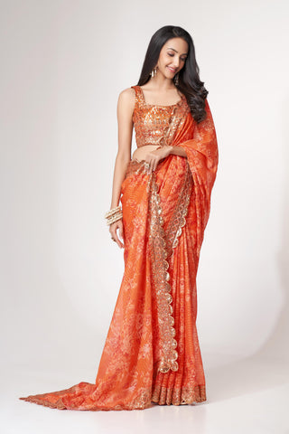 Orange Organza Floral Print Saree with Blouse 