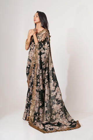 Black Organza Floral Print Saree with Blouse 