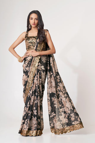 Black Organza Floral Print Saree with Blouse 