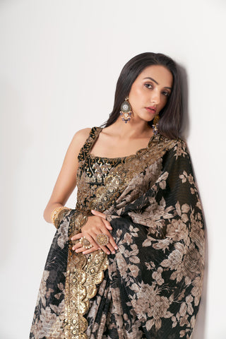 Black Organza Floral Print Saree with Blouse 