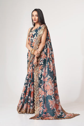 Blue Organza Floral Print Saree with Blouse