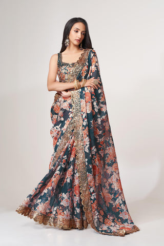 Blue Organza Floral Print Saree with Blouse