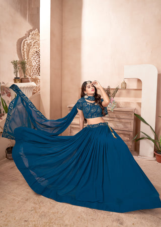 Teal Blue Faux Georgette Multi Sequins Embroidered Lehenga Choli Set with Dupatta