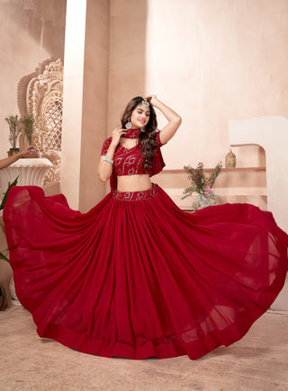 Red Faux Georgette Multi Sequins Embroidered Lehenga Choli Set with Dupatta