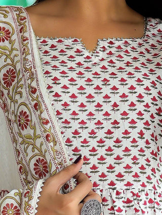 Cotton White Red Printed Sharara Set