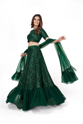 Green Georgette Multi Sequins Embroidered Lehenga Choli Set with Soft Net Dupatta