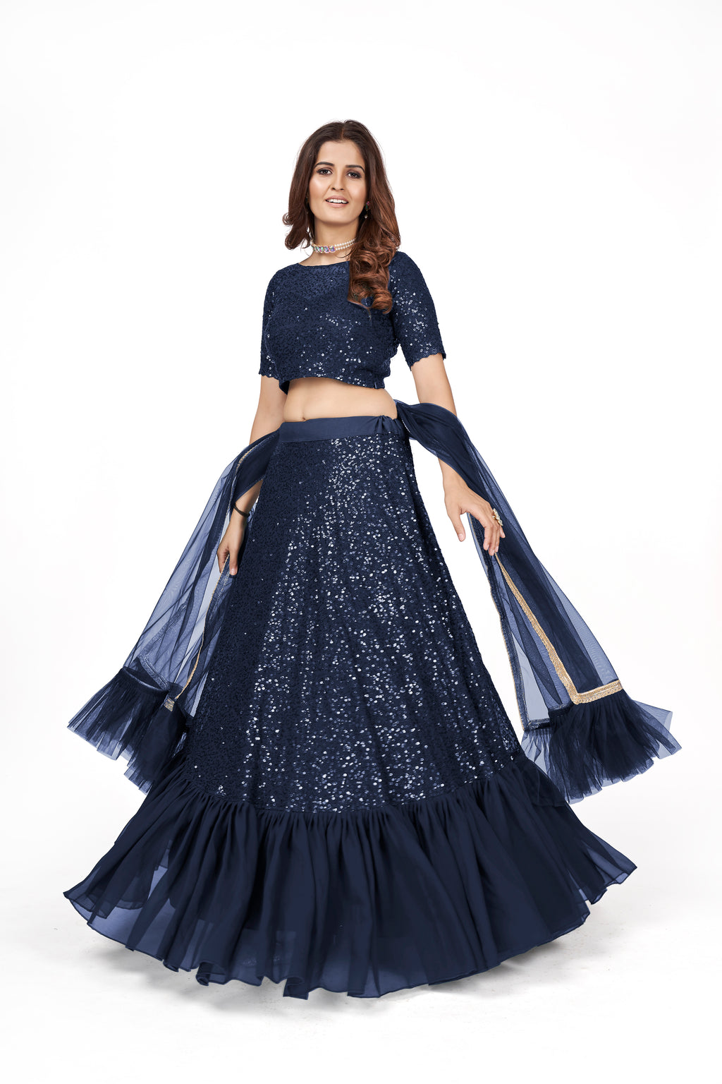Dark Blue Georgette Multi Sequins Embroidered Lehenga Choli Set with Soft Net Dupatta